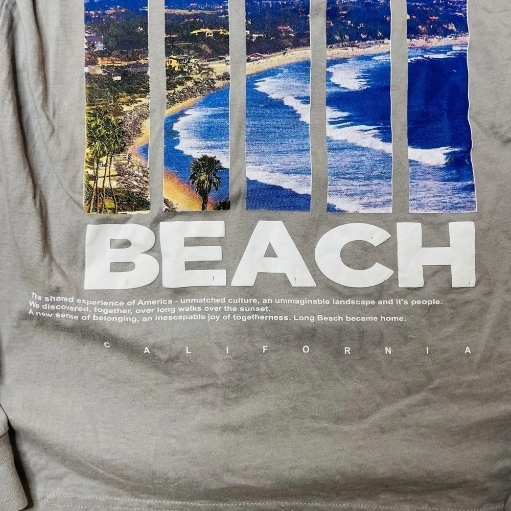 DENIM & Flower Malibu Beach Gray Graphic Long Sleeve Pullover Hoodie Men’s Small